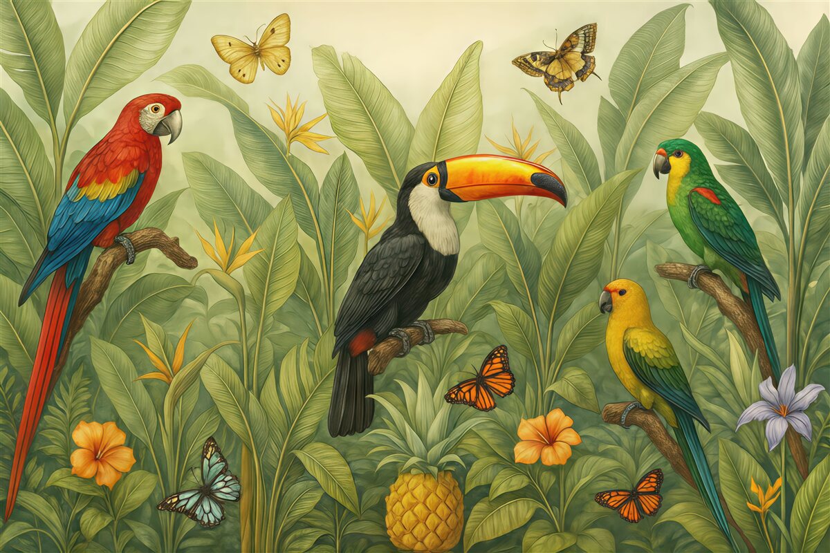 Fototapeta Egzotyczne ptaki na szarych liściach stratum.