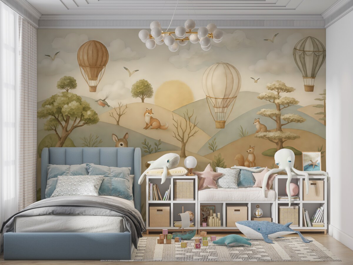 Fototapeta Leśna łąka z urokliwymi zwierzętami i balonami.