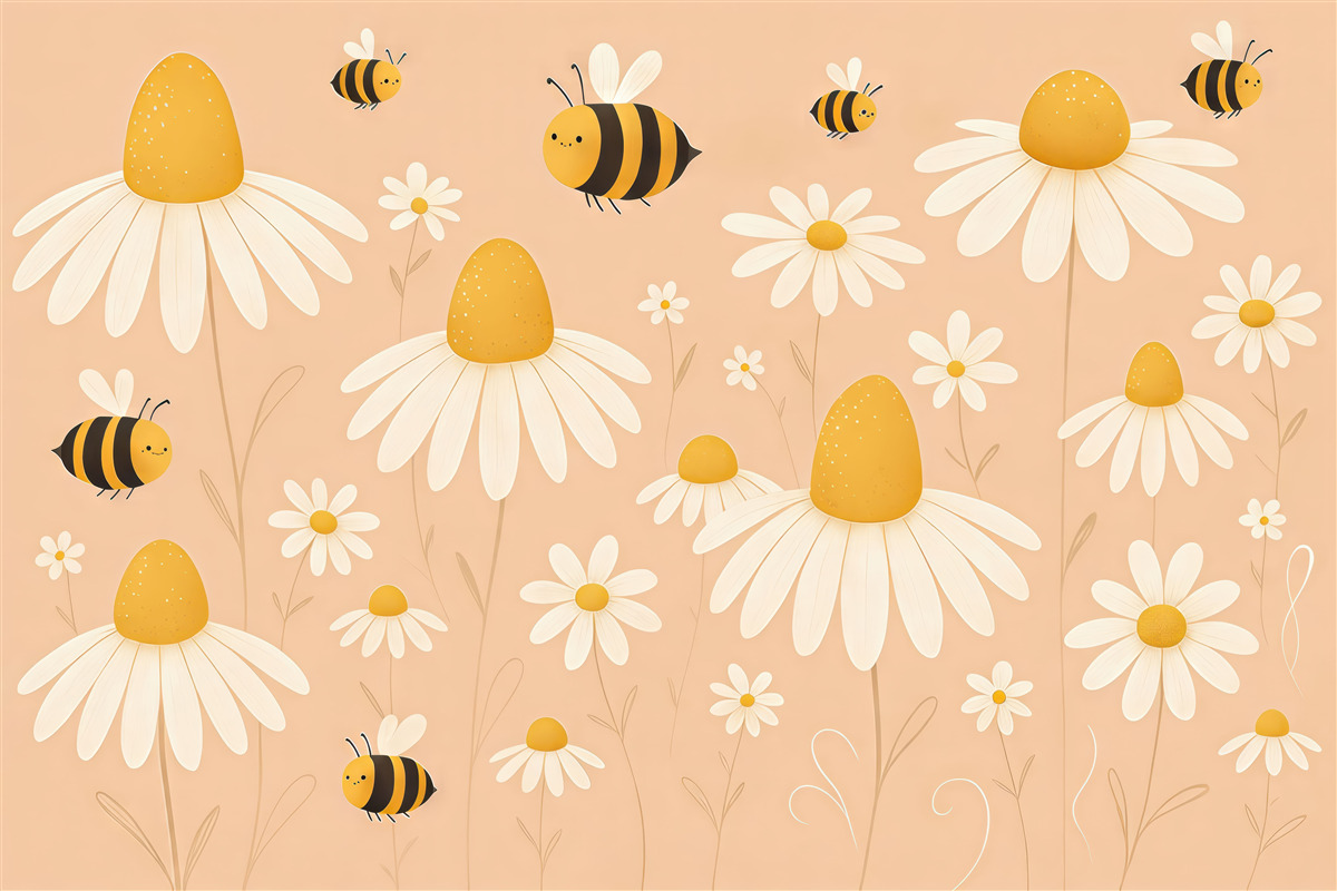 Fototapeta Stokrotki i pszczoły, łąka, kwiaty, rozkwitają, owady, różowe, żółte i białe.