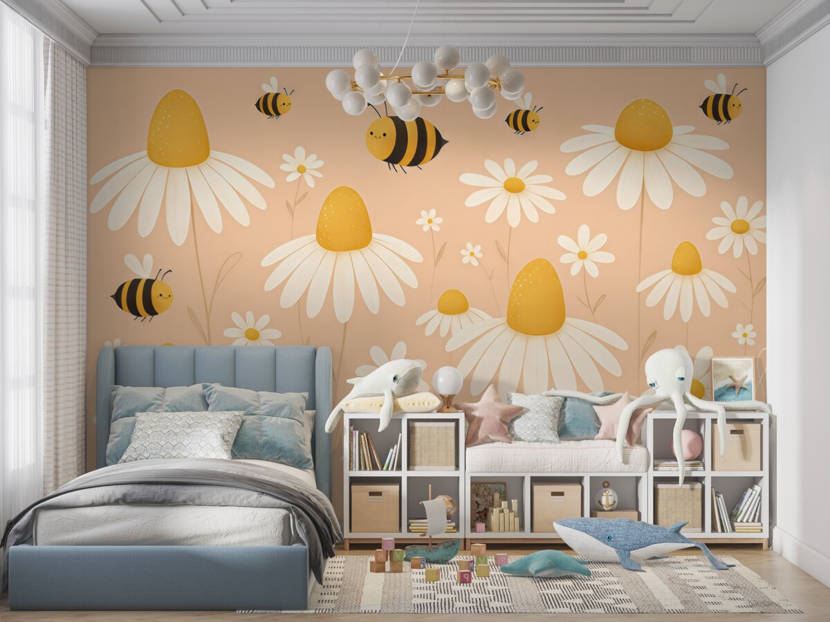 Fototapeta Stokrotki i pszczoły, łąka, kwiaty, rozkwitają, owady, różowe, żółte i białe.