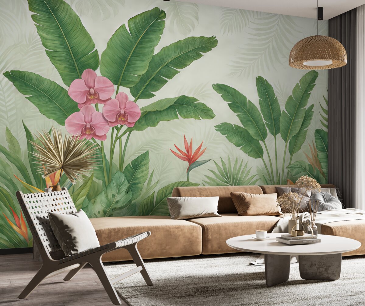 Fototapeta Tropikalny las z liśćmi i kwiatami.