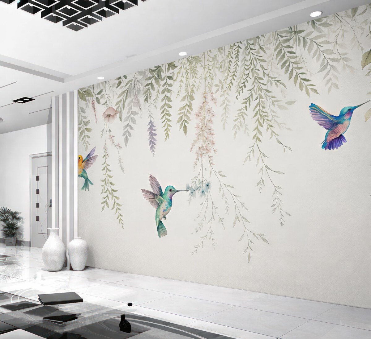 Fototapeta Kwitnące rośliny i liście oraz wspaniałe kolibry.