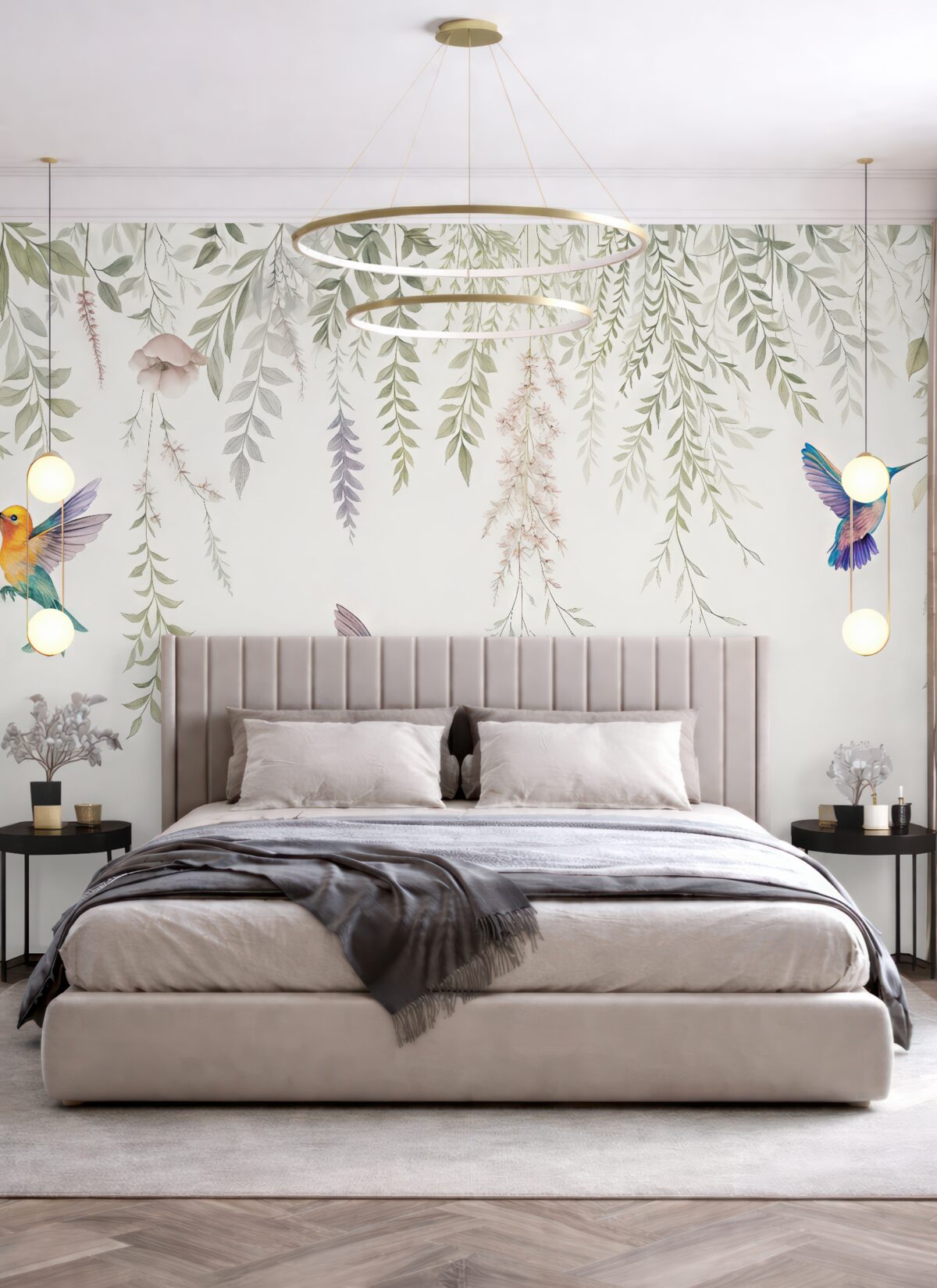 Fototapeta Kwitnące rośliny i liście oraz wspaniałe kolibry.