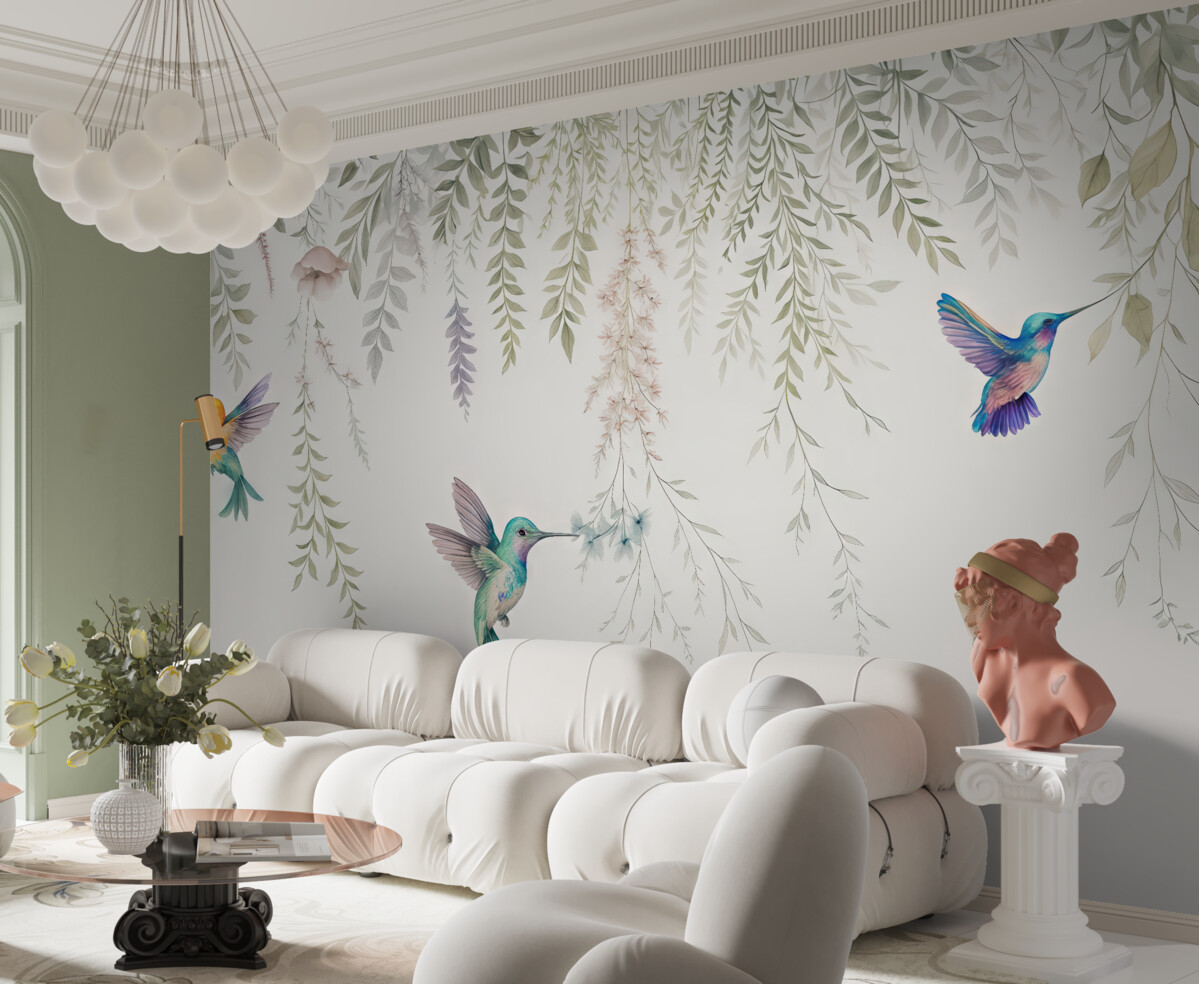 Fototapeta Kwitnące rośliny i liście oraz wspaniałe kolibry.