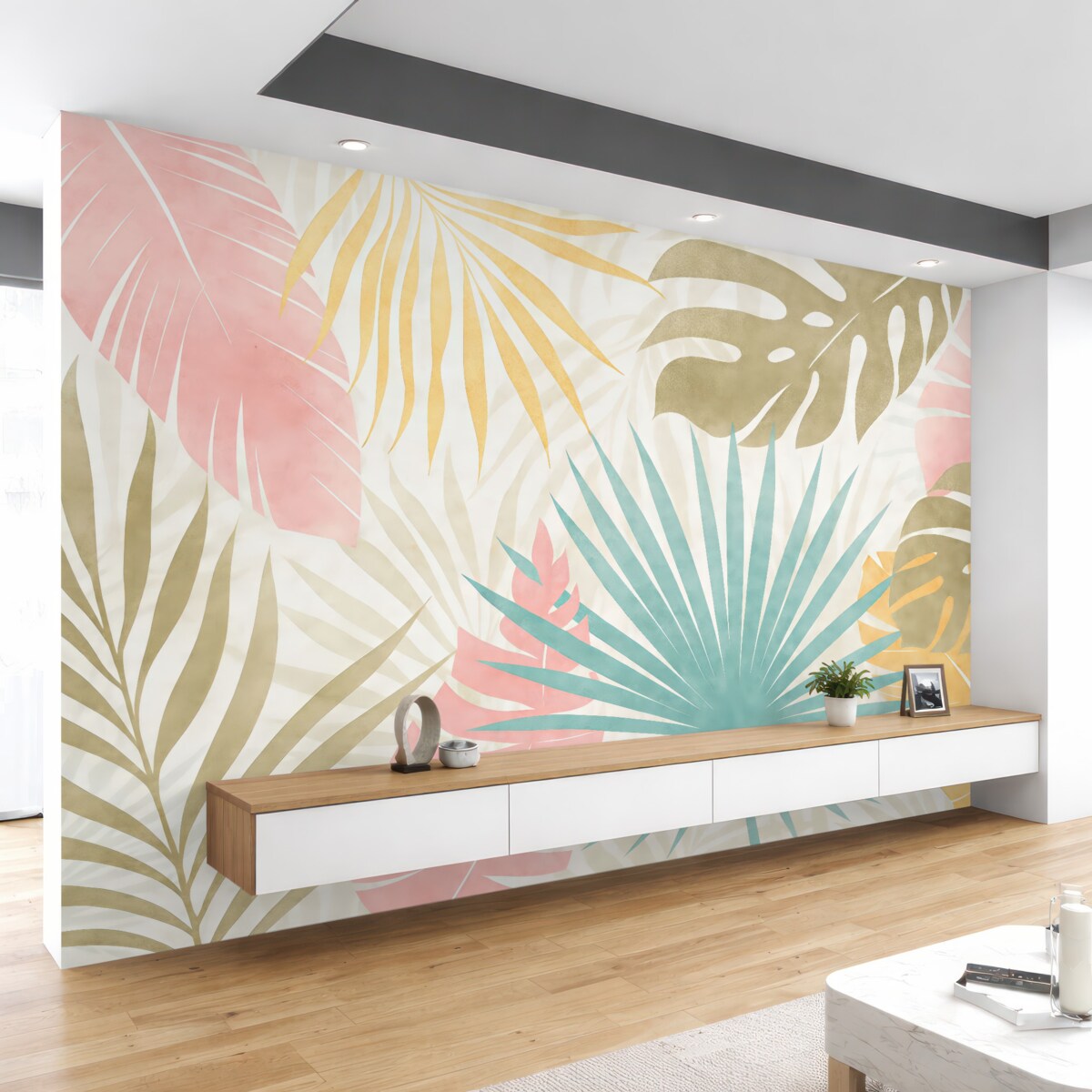 Fototapeta Liście palmowe, monstera, liście tropikalne, faktura zatartego niebieskiego, różowego, żółtego, szarego odcienia.