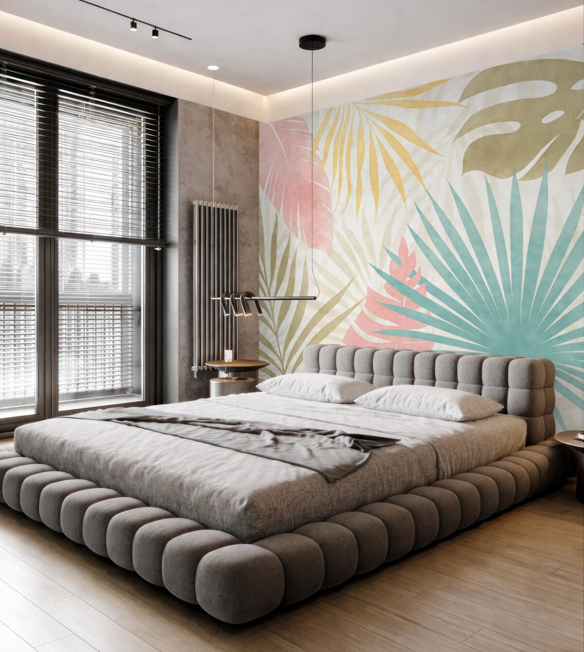 Fototapeta Liście palmowe, monstera, liście tropikalne, faktura zatartego niebieskiego, różowego, żółtego, szarego odcienia.