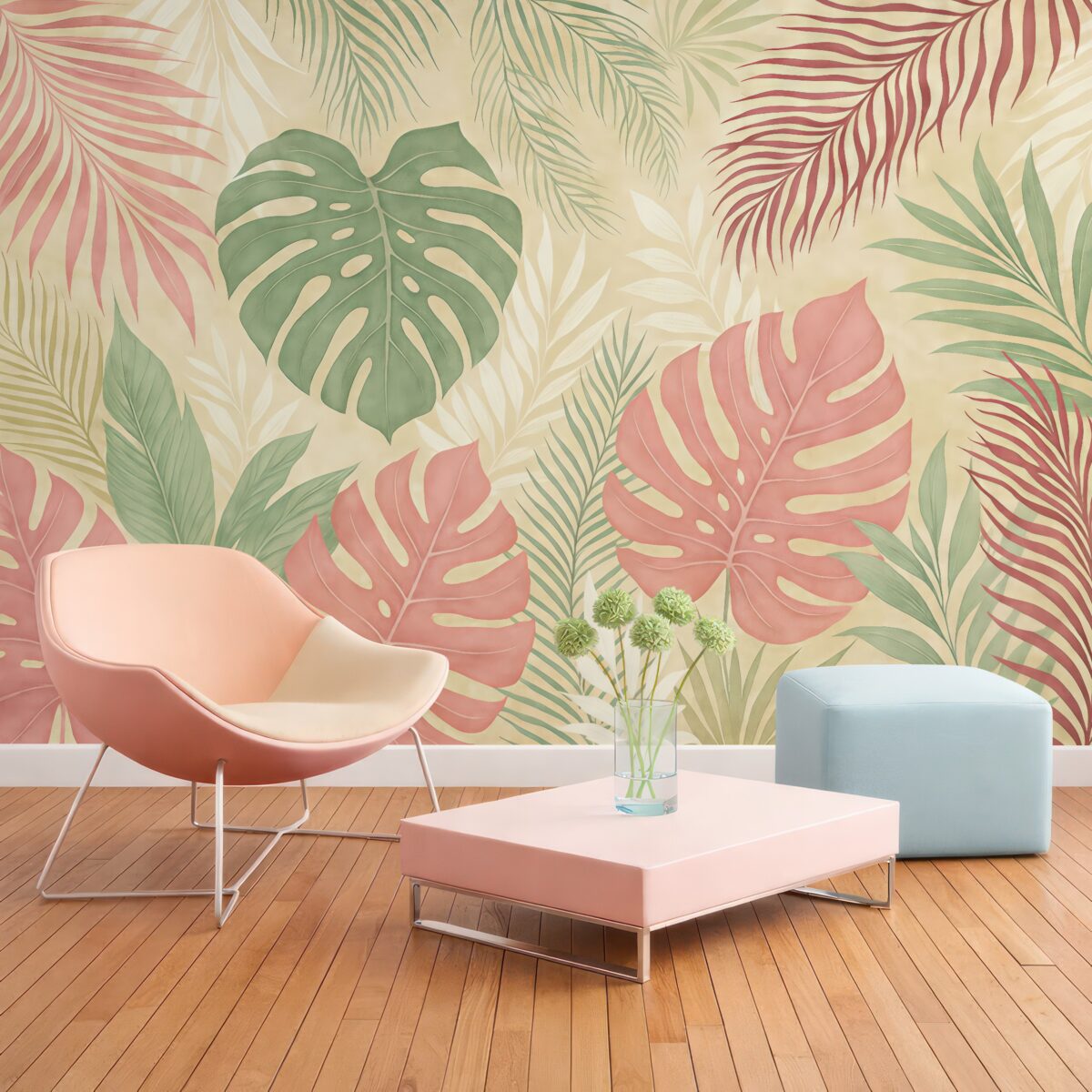 Fototapeta Liście tropikalnego lasu, monstera, paproć, liść palmy, barwy zieleni, szarości i różu.