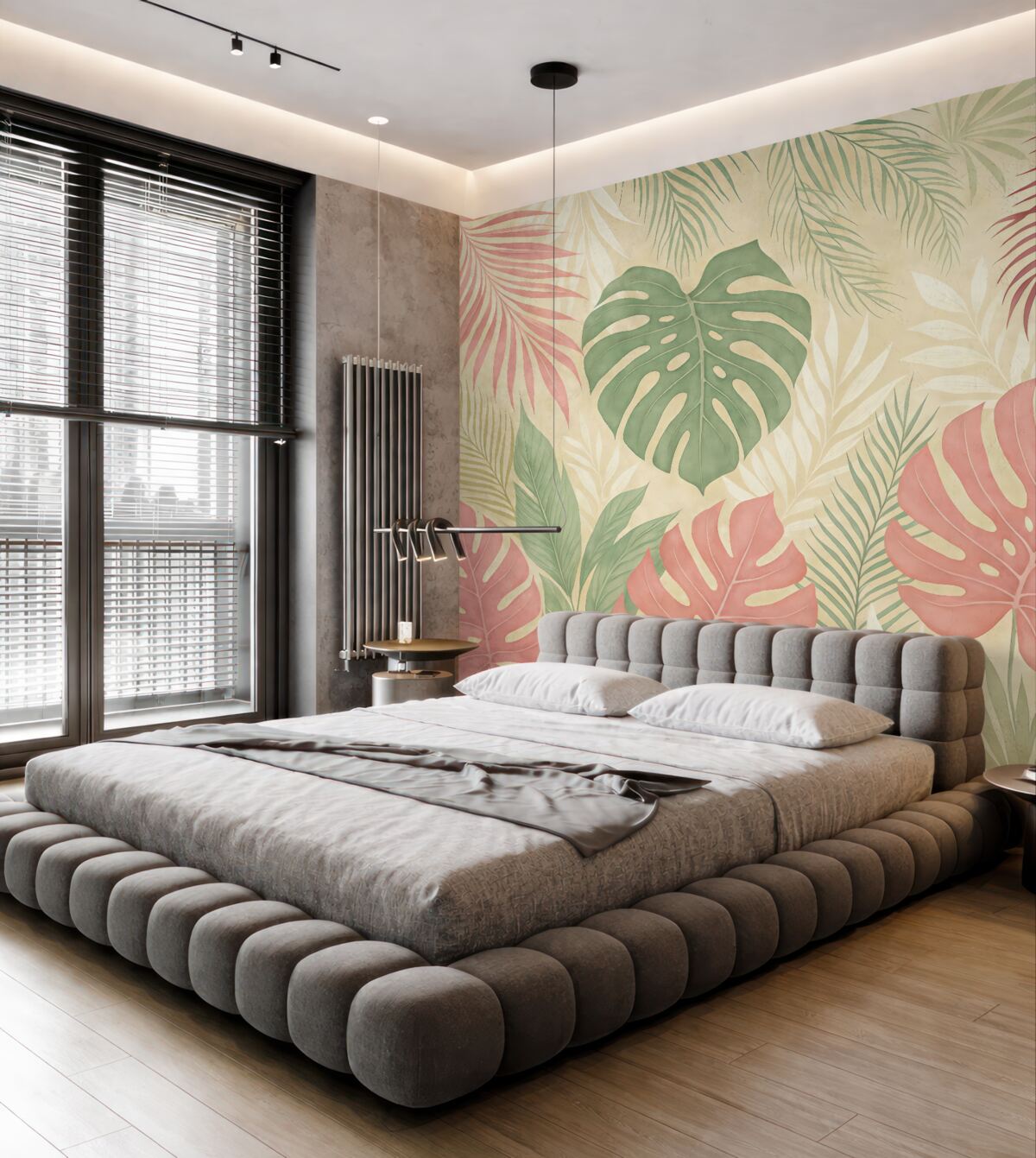 Fototapeta Liście tropikalnego lasu, monstera, paproć, liść palmy, barwy zieleni, szarości i różu.