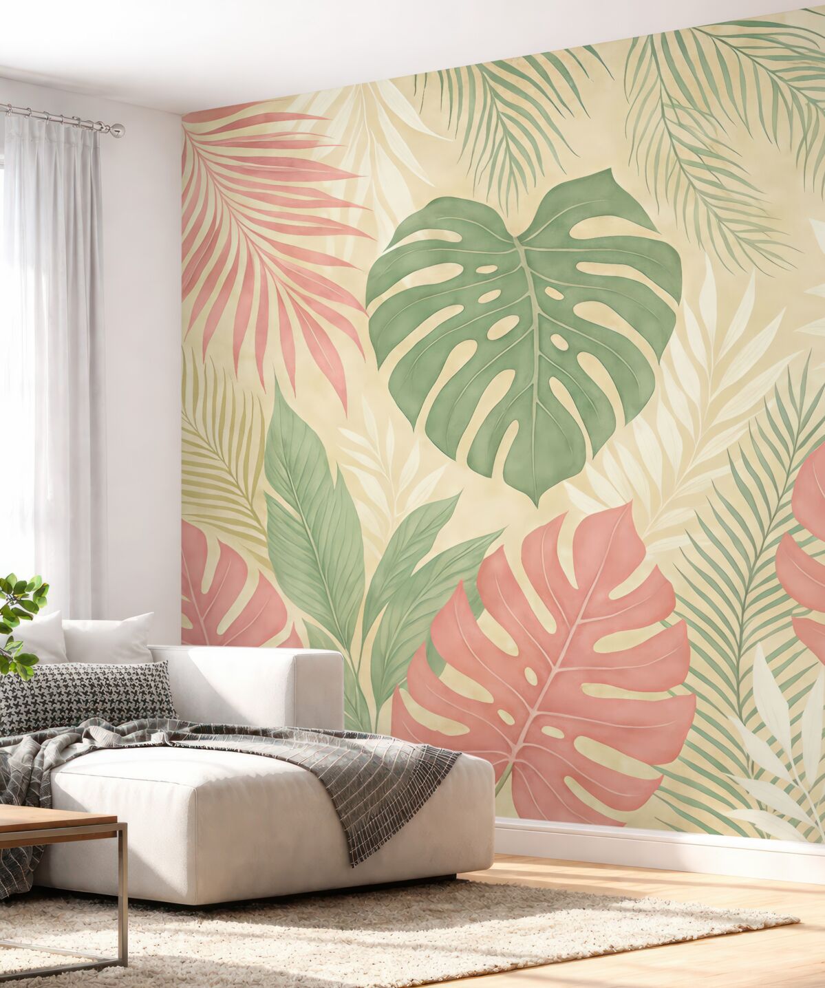 Fototapeta Liście tropikalnego lasu, monstera, paproć, liść palmy, barwy zieleni, szarości i różu.