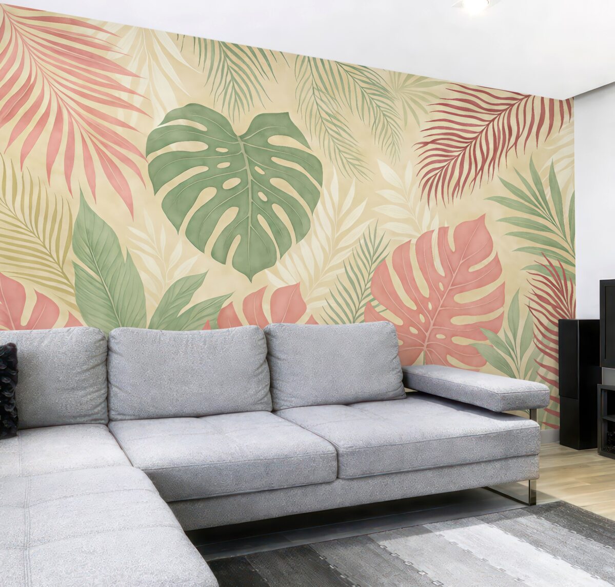 Fototapeta Liście tropikalnego lasu, monstera, paproć, liść palmy, barwy zieleni, szarości i różu.