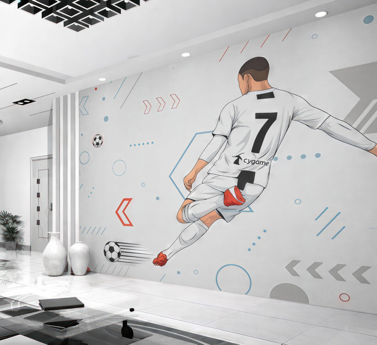 Fototapeta Tapeta z zawodnikiem i gadżetami piłkarskimi.