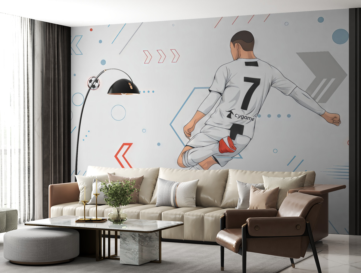 Fototapeta Tapeta z zawodnikiem i gadżetami piłkarskimi.