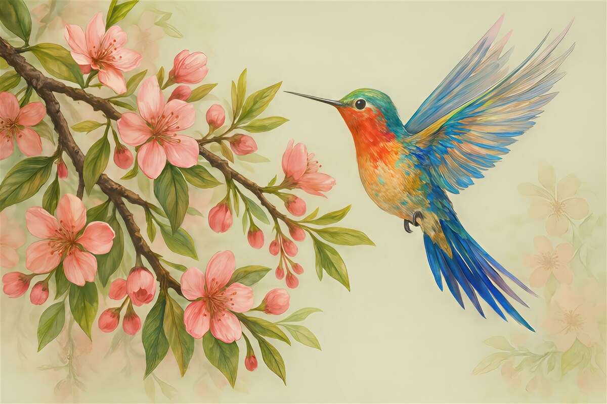 Fototapeta gałąź z różowymi kwiatami i jasnym ptaszkiem