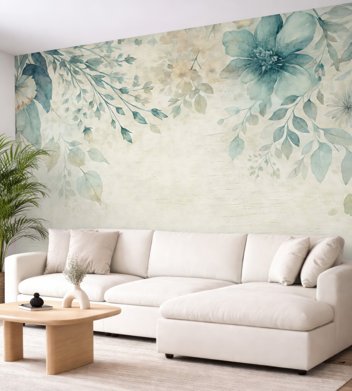 Fototapeta Wielkie niebiesko-białe kwiaty, liście i gałązki na tle fakturowanej ściany.