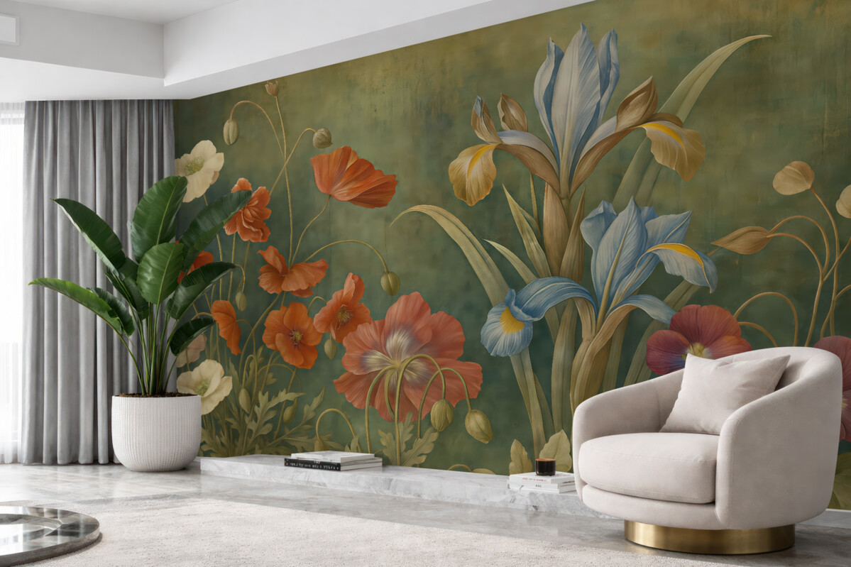 Fototapeta Żywy pejzaż kwiatowy ukazujący różnorodne barwne kwiaty na subtelnym zielonym tle.