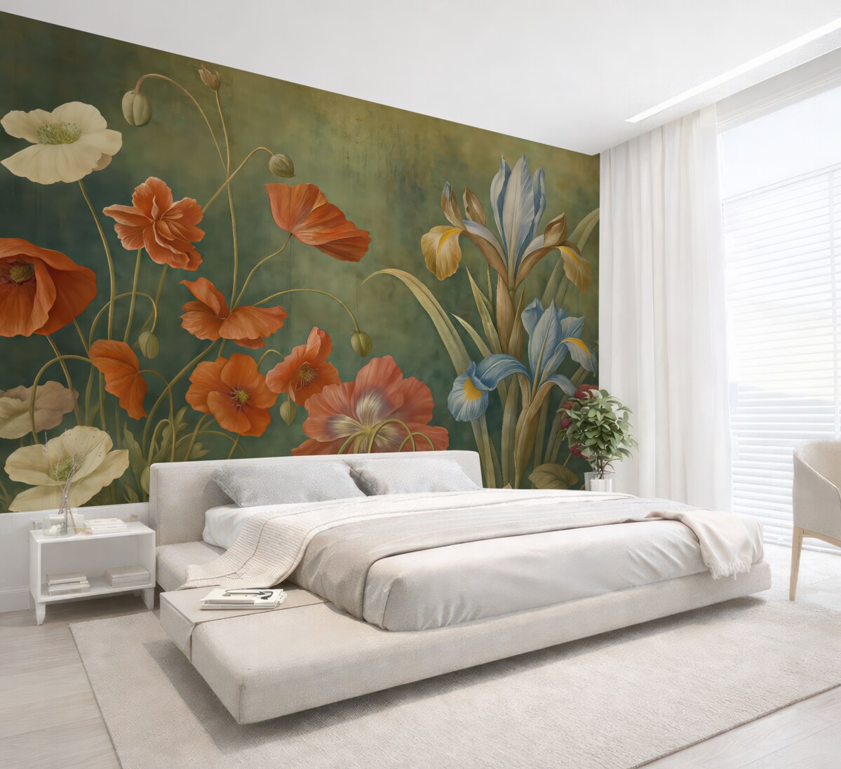 Fototapeta Żywy pejzaż kwiatowy ukazujący różnorodne barwne kwiaty na subtelnym zielonym tle.