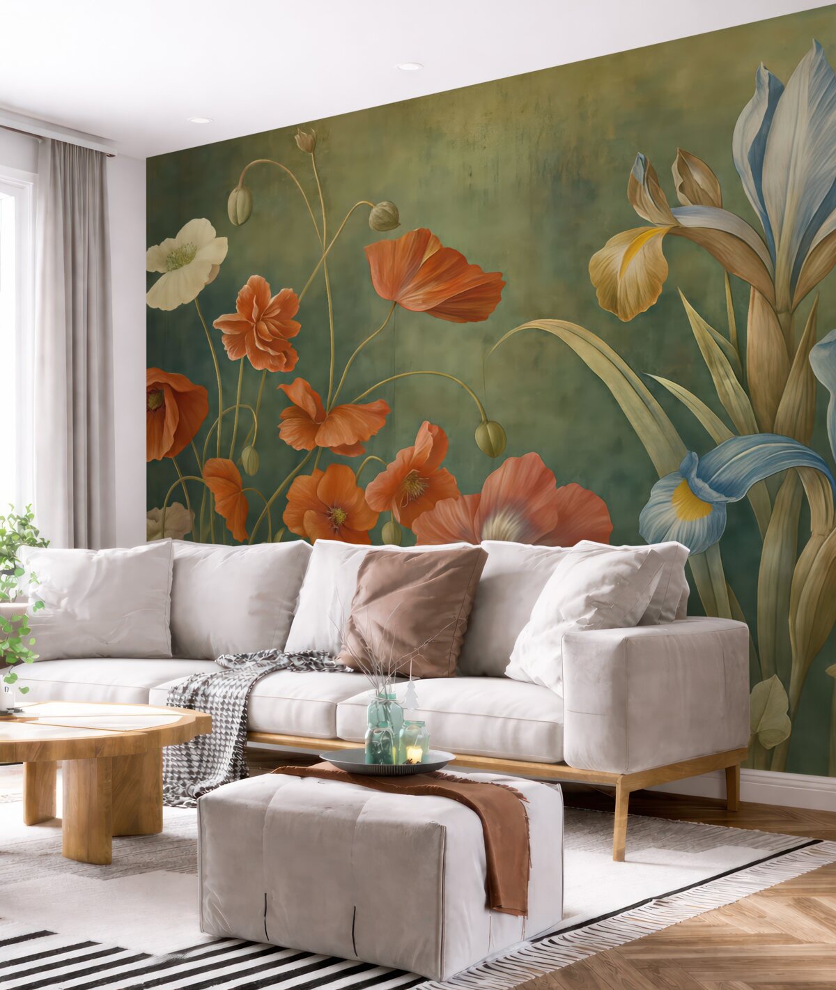 Fototapeta Żywy pejzaż kwiatowy ukazujący różnorodne barwne kwiaty na subtelnym zielonym tle.