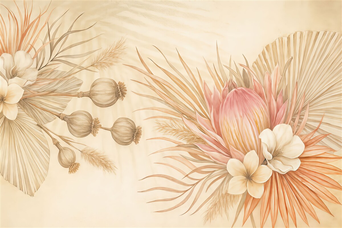 Fototapeta Subtelne różowe i białe tropikalne kwiaty z liśćmi palmowymi na gładkim beżowym tle.
