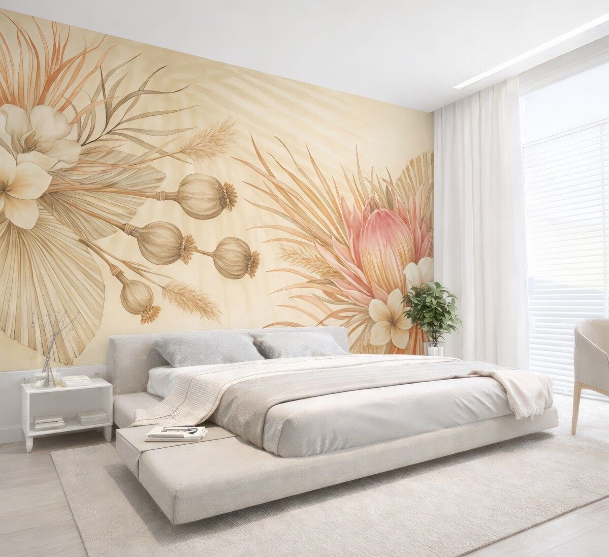Fototapeta Subtelne różowe i białe tropikalne kwiaty z liśćmi palmowymi na gładkim beżowym tle.