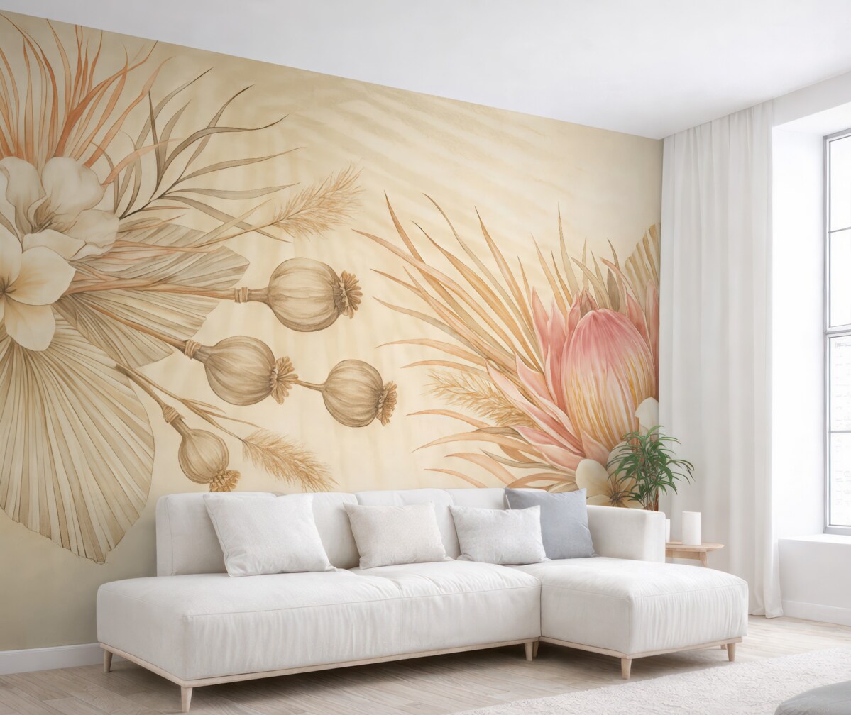 Fototapeta Subtelne różowe i białe tropikalne kwiaty z liśćmi palmowymi na gładkim beżowym tle.