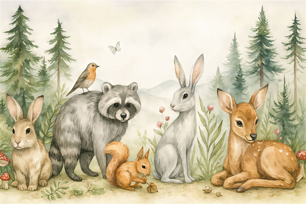 Fototapeta Grupa leśnych zwierząt w otoczeniu borów sosnowych.