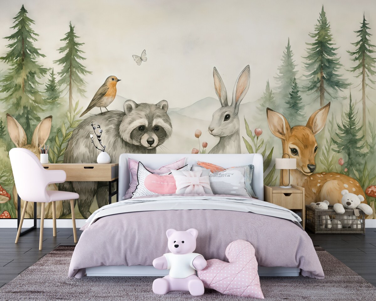 Fototapeta Grupa leśnych zwierząt w otoczeniu borów sosnowych.