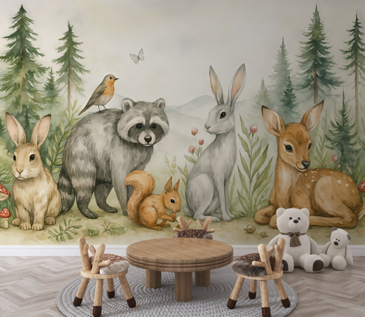 Fototapeta Grupa leśnych zwierząt w otoczeniu borów sosnowych.