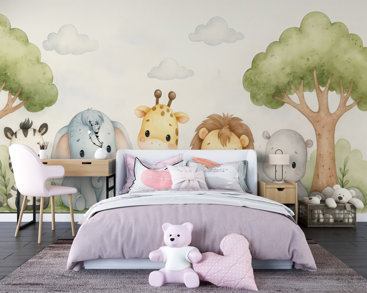 Fototapeta Zespół uroczych zwierząt z bajek, które siedzą na zielonym łące z drzewami i chmurami w oddali.