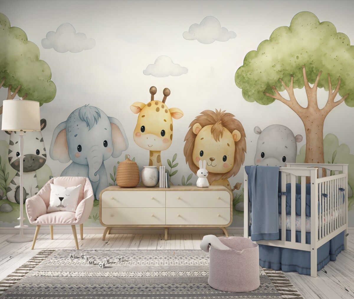 Fototapeta Zespół uroczych zwierząt z bajek, które siedzą na zielonym łące z drzewami i chmurami w oddali.