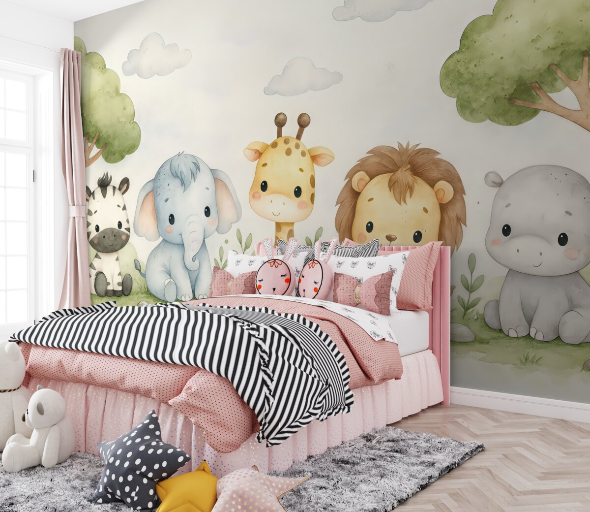 Fototapeta Zespół uroczych zwierząt z bajek, które siedzą na zielonym łące z drzewami i chmurami w oddali.