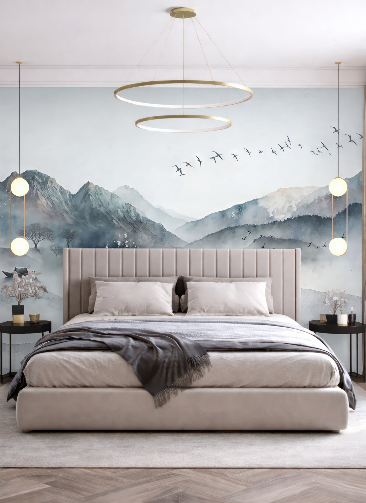 Fototapeta Pejzaż z górami w oddali, z kilkoma drzewami dostrzegalnymi na pierwszym planie, spokojny.