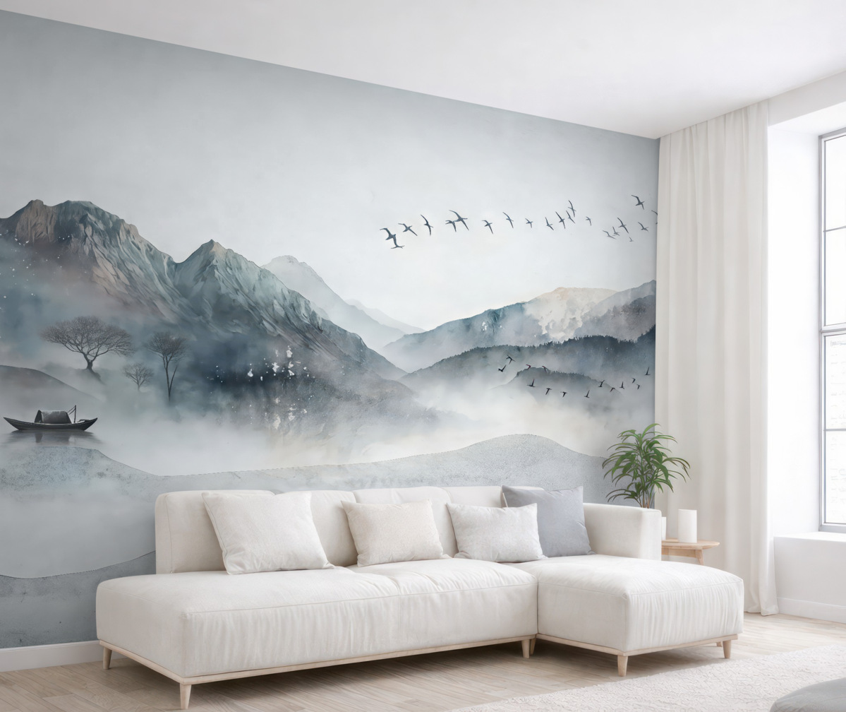 Fototapeta Pejzaż z górami w oddali, z kilkoma drzewami dostrzegalnymi na pierwszym planie, spokojny.