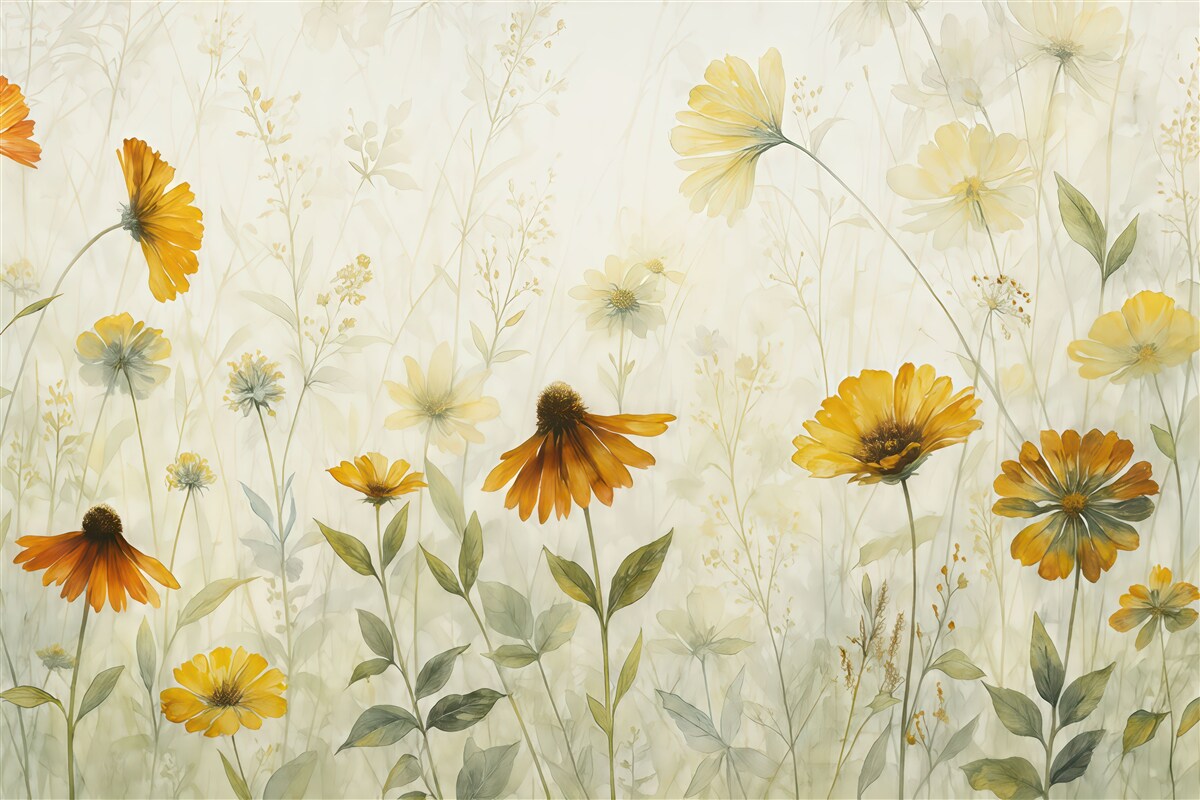 Fototapeta Łąka pełna żywych kwiatów na delikatnym, otulonym mgłą tle z subtelnymi białymi kwiatami i wąską trawą.