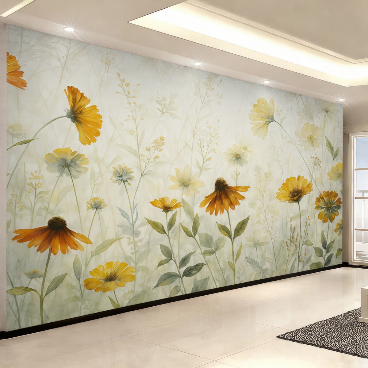 Fototapeta Łąka pełna żywych kwiatów na delikatnym, otulonym mgłą tle z subtelnymi białymi kwiatami i wąską trawą.