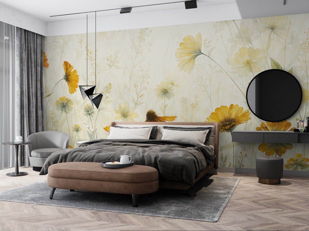 Fototapeta Łąka pełna żywych kwiatów na delikatnym, otulonym mgłą tle z subtelnymi białymi kwiatami i wąską trawą.