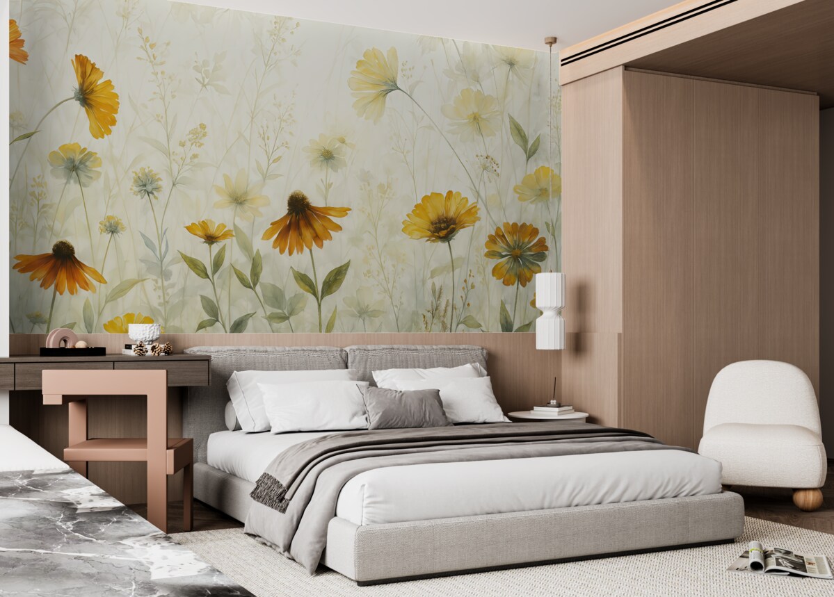 Fototapeta Łąka pełna żywych kwiatów na delikatnym, otulonym mgłą tle z subtelnymi białymi kwiatami i wąską trawą.