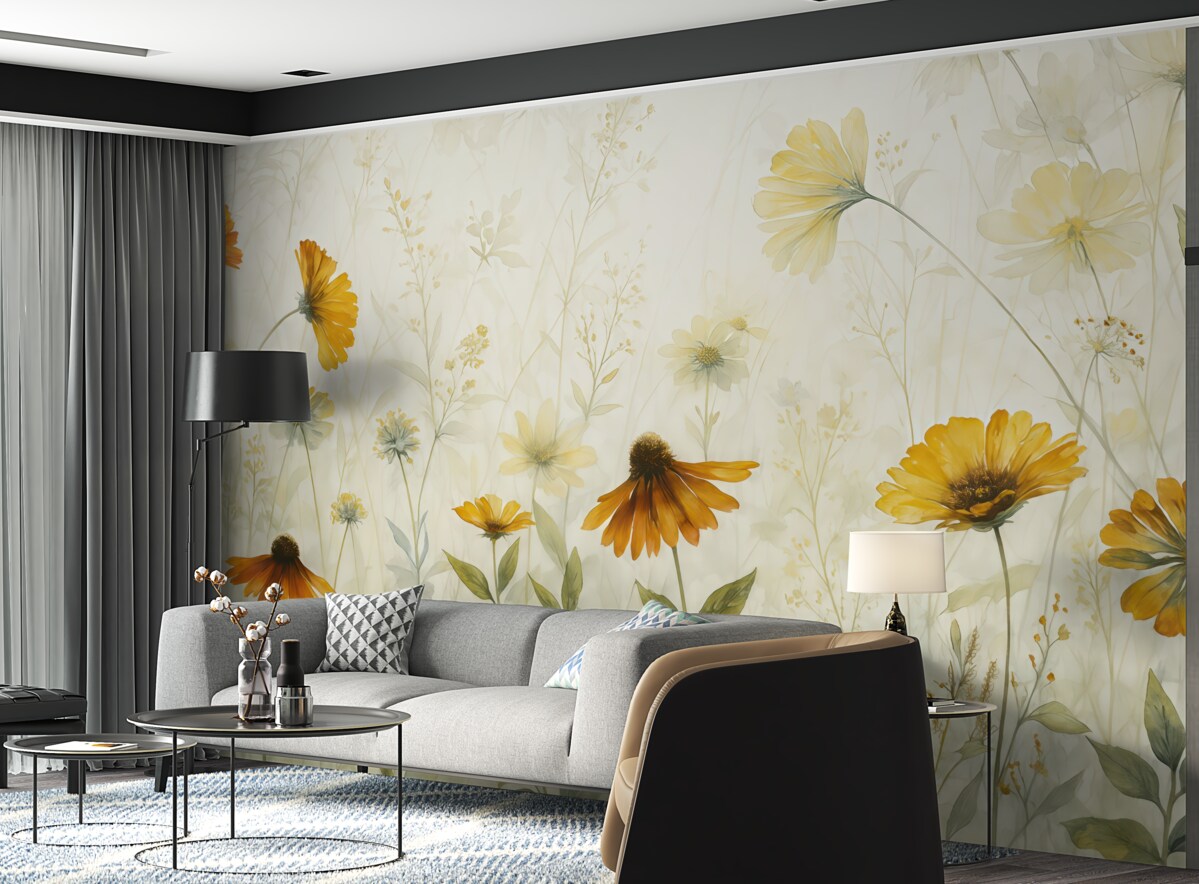 Fototapeta Łąka pełna żywych kwiatów na delikatnym, otulonym mgłą tle z subtelnymi białymi kwiatami i wąską trawą.