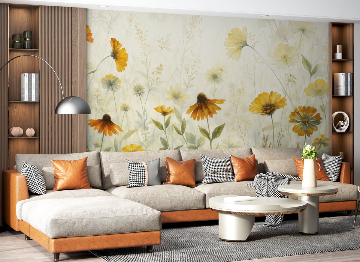 Fototapeta Łąka pełna żywych kwiatów na delikatnym, otulonym mgłą tle z subtelnymi białymi kwiatami i wąską trawą.