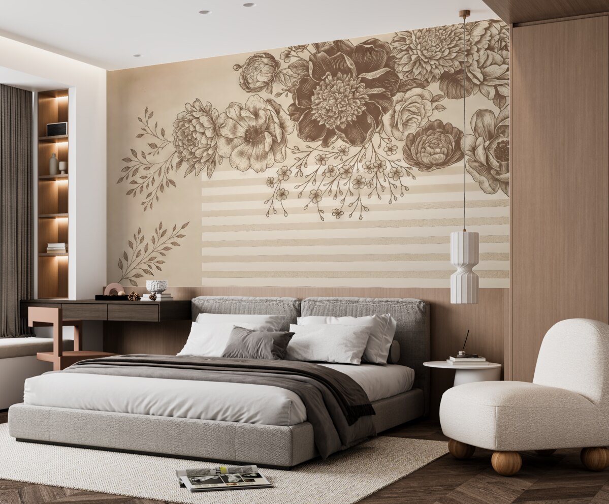 Fototapeta Obszerny bukiet szczegółowych kwiatów w kolorach brązu i bieli, z paskowymi wzorami w tle.