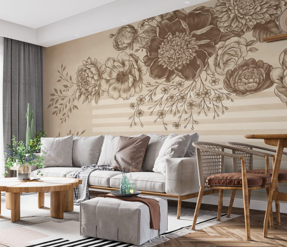 Fototapeta Obszerny bukiet szczegółowych kwiatów w kolorach brązu i bieli, z paskowymi wzorami w tle.