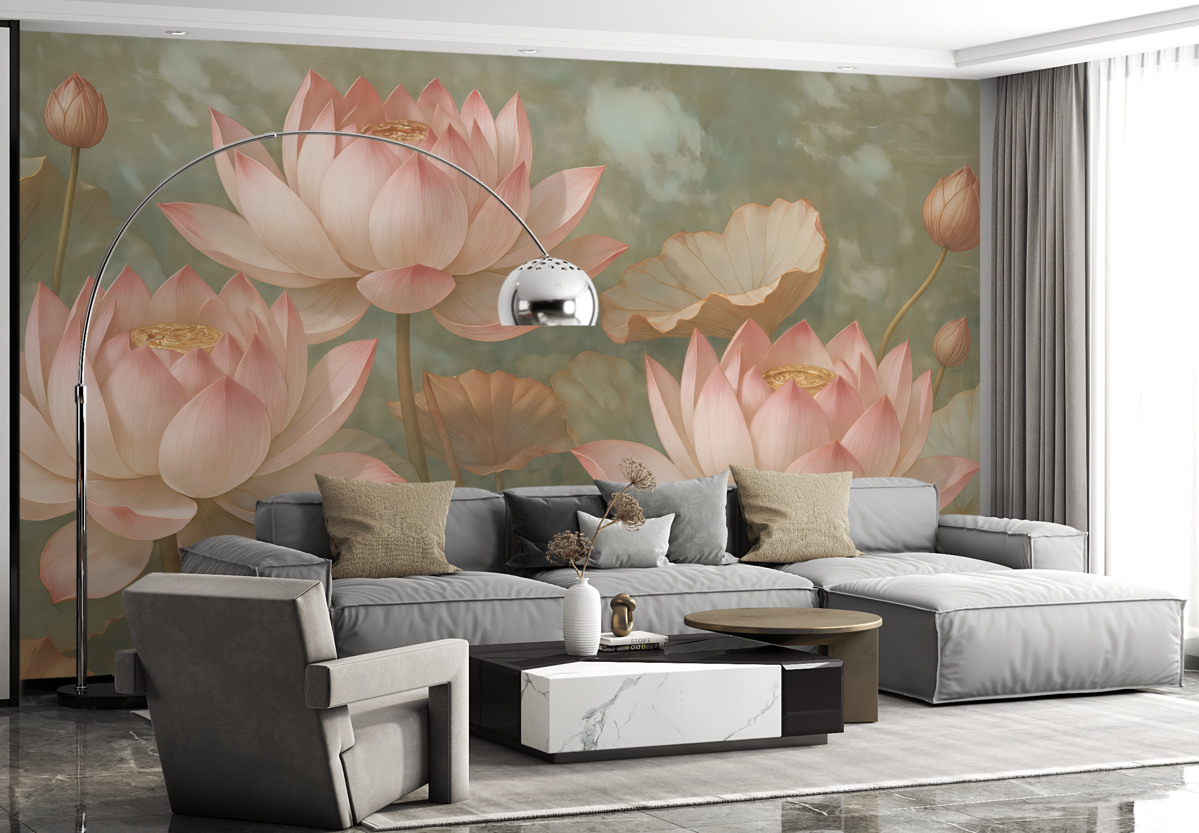 Fototapeta Zbliżenie kilku subtelnych różowych kwiatów lotosu na łagodnym, rozmytym tle.