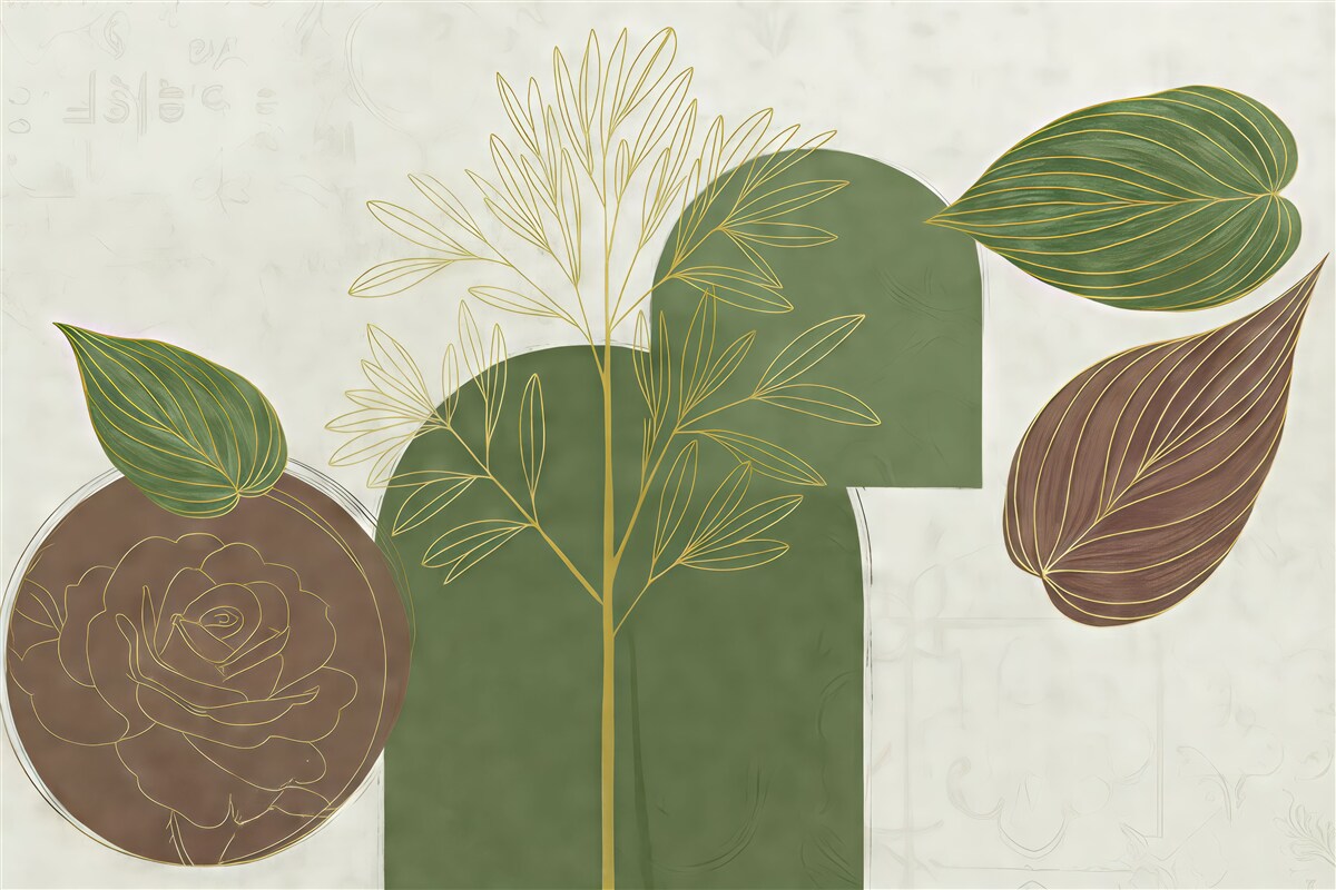 Fototapeta Liście oraz kwiaty, w tym duże zielone liście na pierwszym planie na jasnym tle.