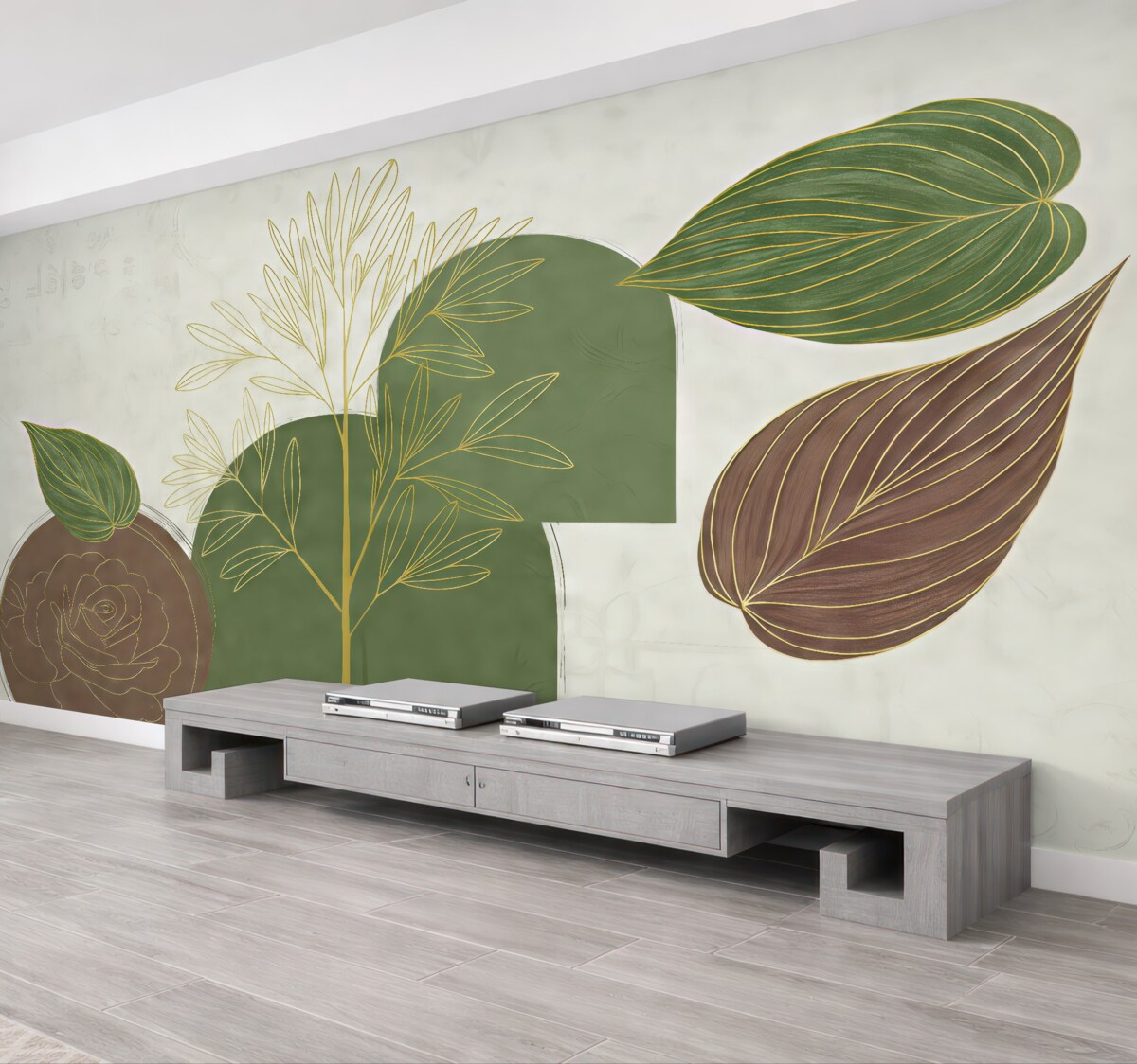 Fototapeta Liście oraz kwiaty, w tym duże zielone liście na pierwszym planie na jasnym tle.