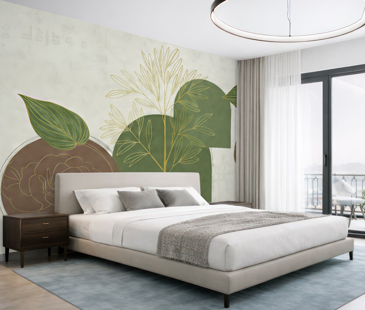 Fototapeta Liście oraz kwiaty, w tym duże zielone liście na pierwszym planie na jasnym tle.