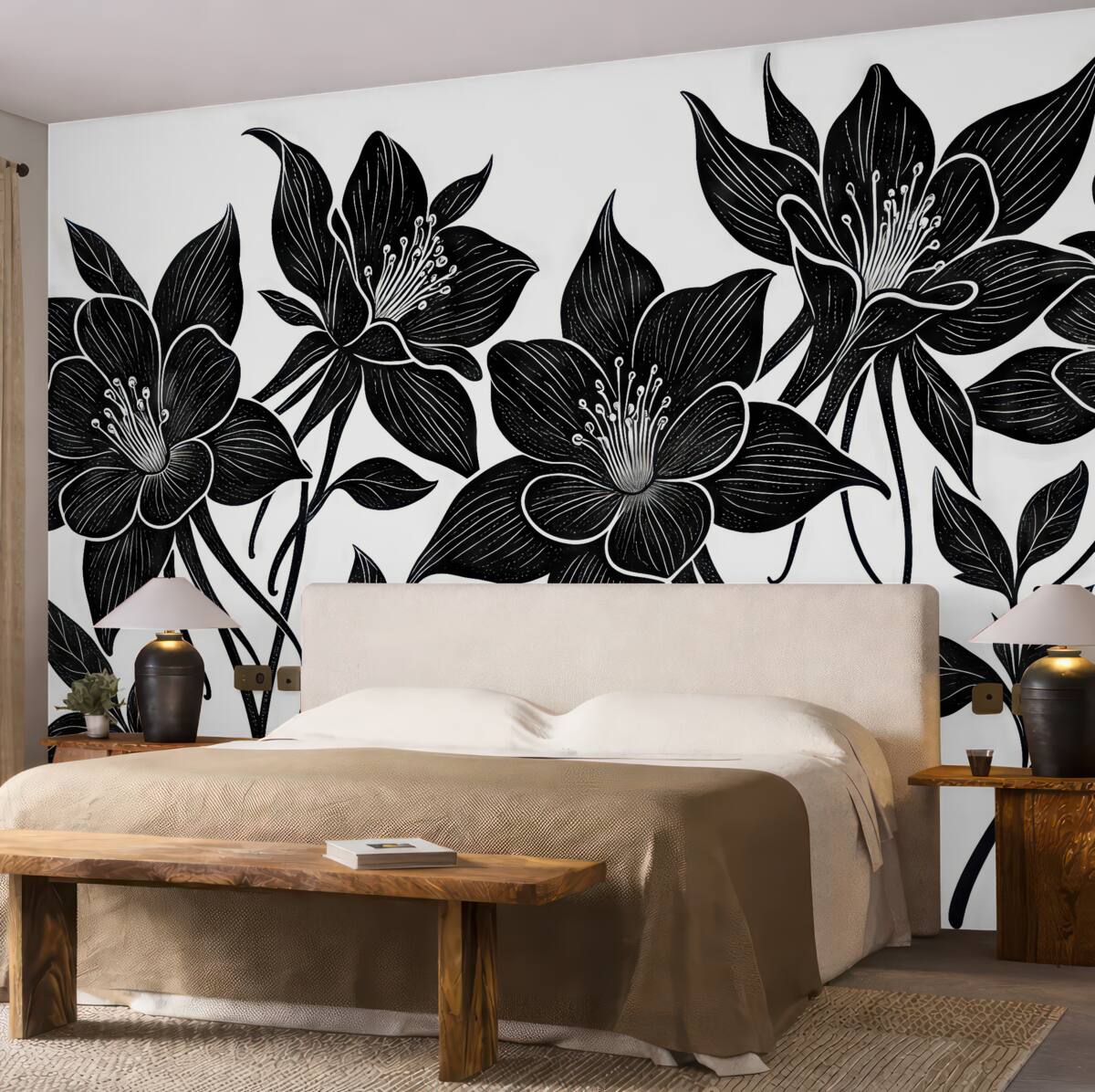 Fototapeta Czarne lilie z białą obwódką na jasnym tle.