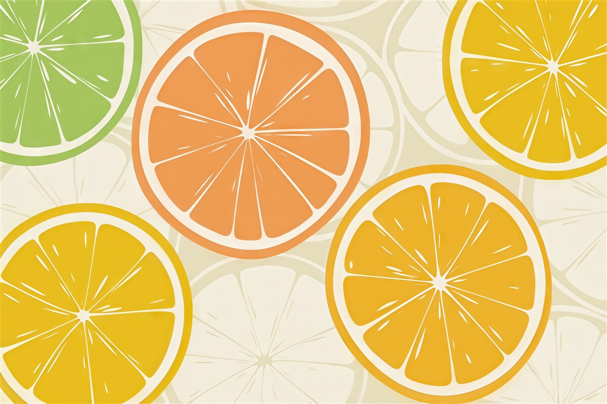 Fototapeta Cytrusy, pomarańcza, limonka, kawałki grejpfruta, plama, abstrakcja, owoce, czerwień, pomarańcza, zieleń.