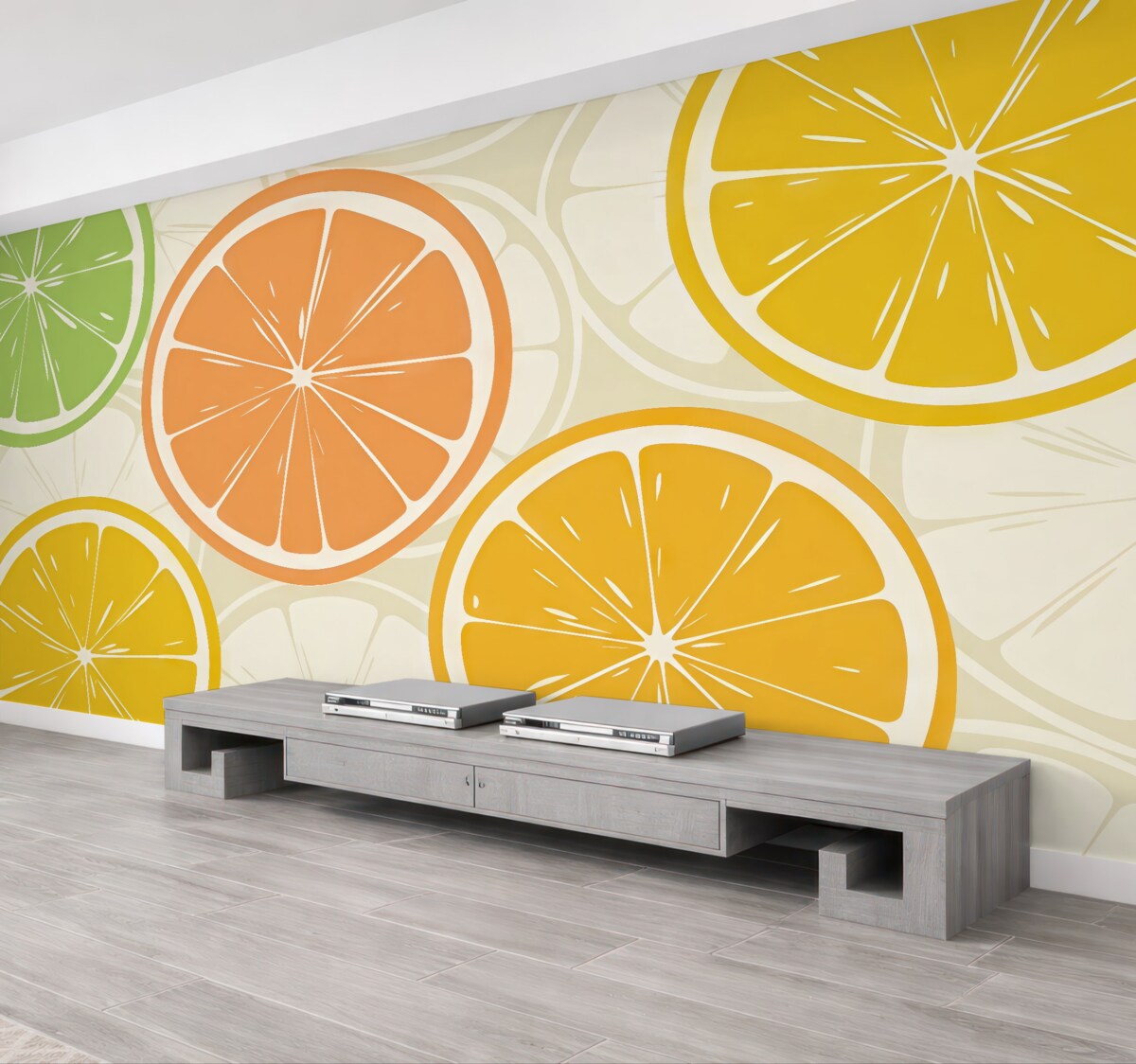 Fototapeta Cytrusy, pomarańcza, limonka, kawałki grejpfruta, plama, abstrakcja, owoce, czerwień, pomarańcza, zieleń.