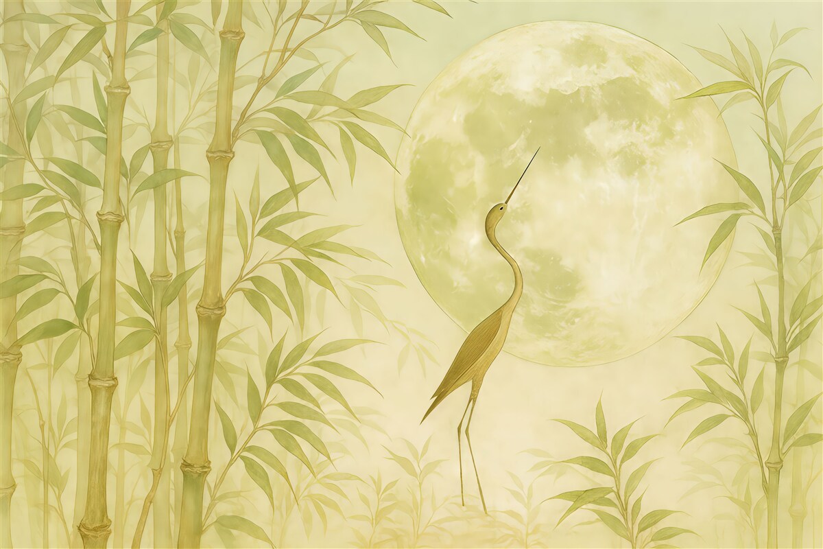 Fototapeta Bambus, konary i pędy, żuraw, luna, azjatycki, zielony oraz kremowy, odcień szary.