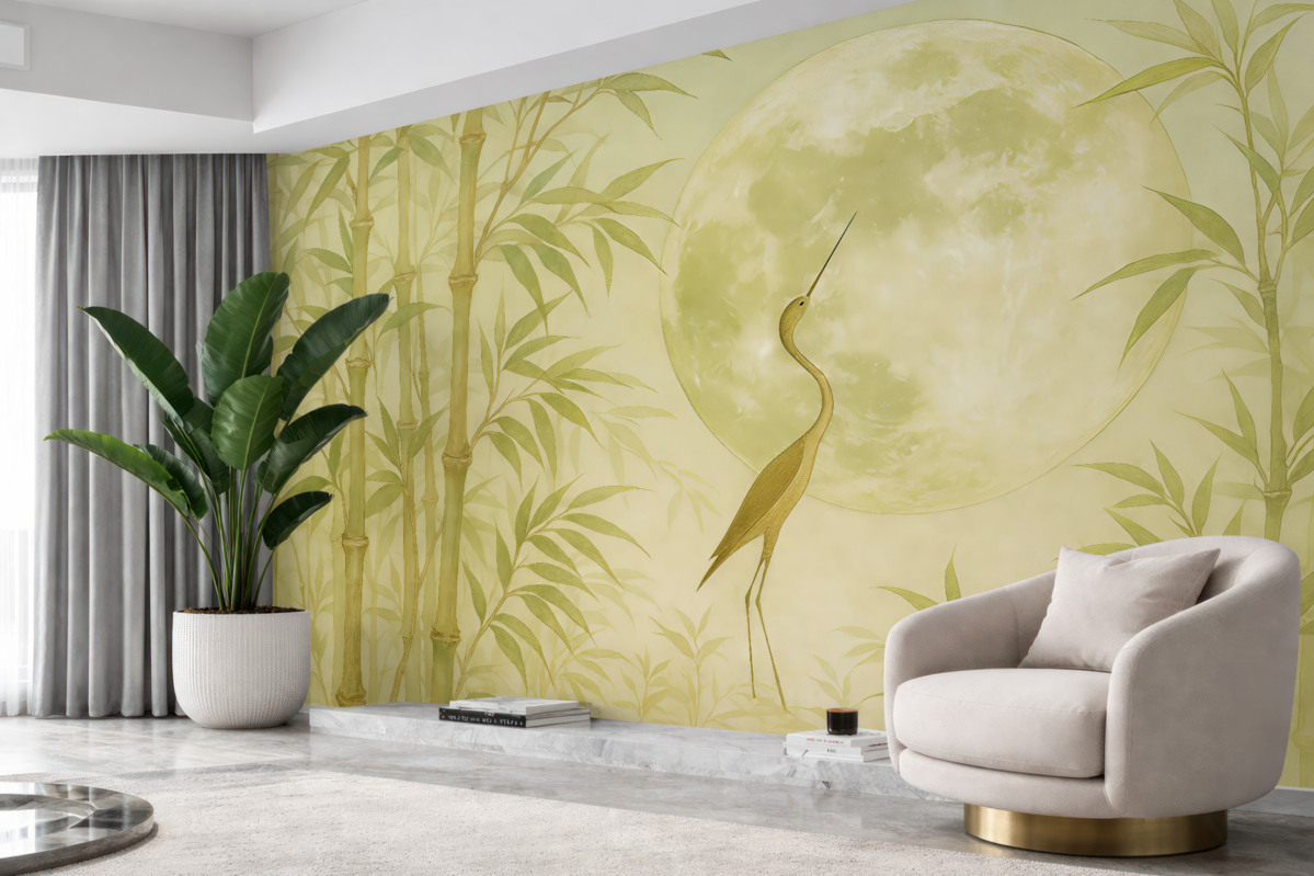 Fototapeta Bambus, konary i pędy, żuraw, luna, azjatycki, zielony oraz kremowy, odcień szary.