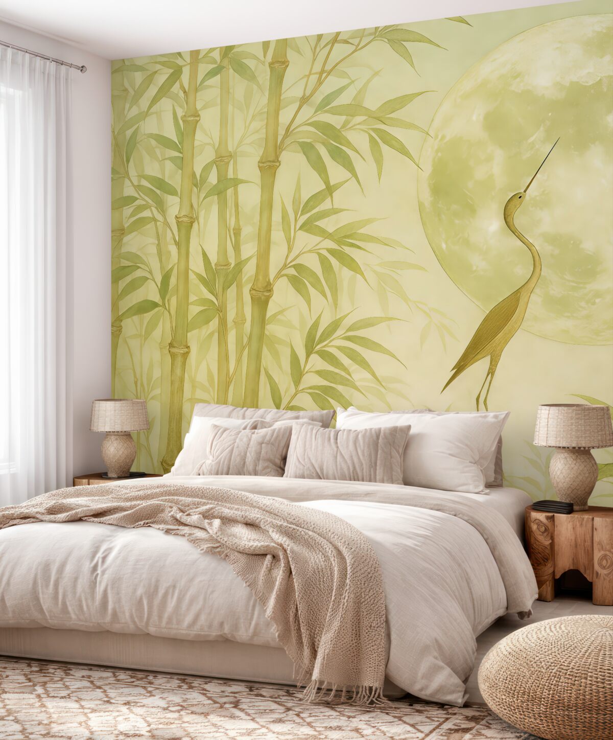 Fototapeta Bambus, konary i pędy, żuraw, luna, azjatycki, zielony oraz kremowy, odcień szary.